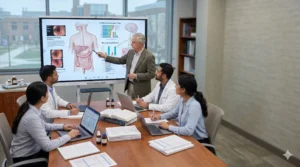 Postgraduate homeopathic gastroenterology classroom discussing IBS, gut-brain axis, and integrative digestive health research