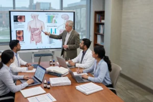 Postgraduate homeopathic gastroenterology classroom discussing IBS, gut-brain axis, and integrative digestive health research