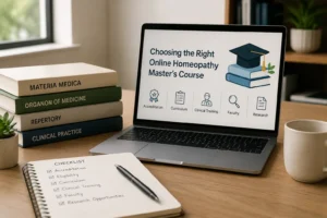 Online homeopathy Master's course evaluation checklist with laptop and study materials
